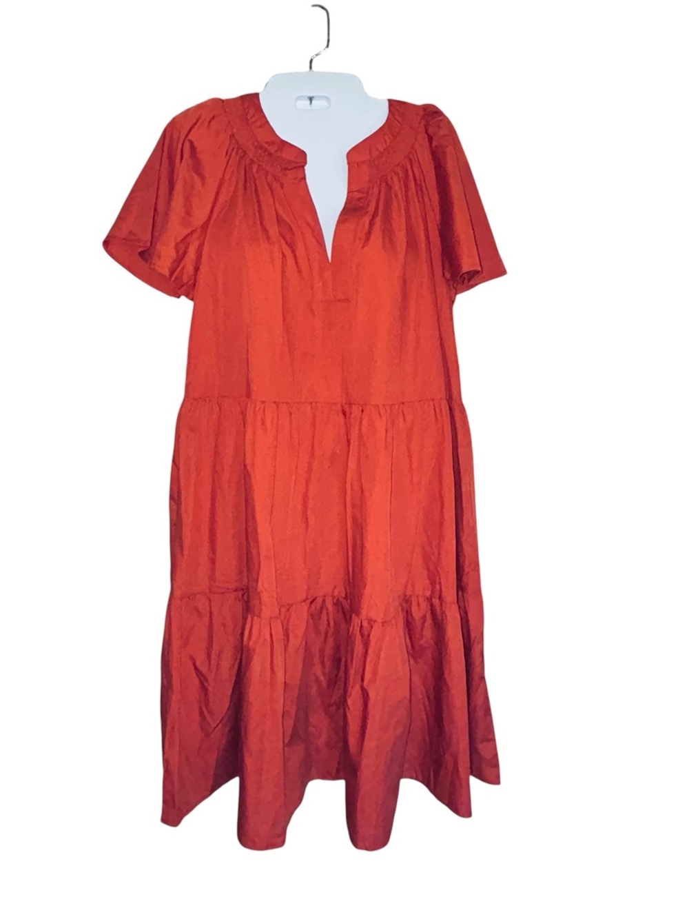 Tiered Short-Sleeve Mini Dress in Orange-Red